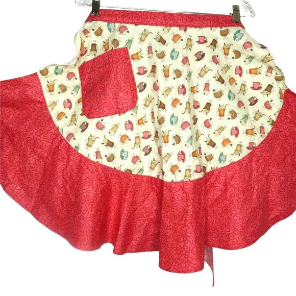 Retro Cooking Half Apron One Size Fountain Drinks Red Ruffle Pocket Tie Waist - Picture 1 of 11